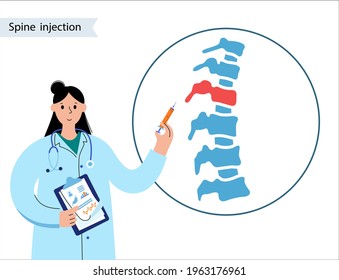 Spine joint injection. Pain and inflammation in the vertebra. Spinal arthritis disease concept. Medical research in spine center. Backbone treatment flat vector illustration for clinic or hospital.