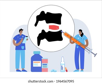 Spine joint injection. Pain and inflammation in the vertebra. Spinal arthritis disease concept. Medical research in spine center. Backbone treatment flat vector illustration for clinic or hospital.