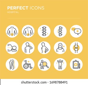 Spine line icon set. Backbone symbol collection. Orthopedics clinic, Medical rehab, Back trauma, Broken bone, Scoliosis. Health care thin linear hospital sign. Flat design style. Vector illustration.