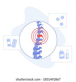 Spine Logo For Clinic. Spinal Pain In Backbone, Rehabilitation Center. Scoliosis, Osteoporosis, Vertebral Problem. Chiropractic, Massage And Vertebology Concept. Lumbar Xray Flat Vector Illustration.