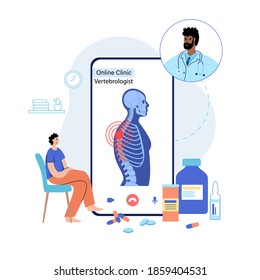 Spine Logo For Online Clinic. Medical App On Phone. Consultation With A Doctor Chiropractor Or Vertebrologist. Back Bone Anatomy, Scoliosis Problem In Female Body. Lumbar XRay Flat Vector Illustration