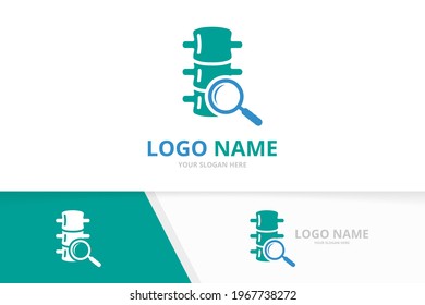 Spine and loupe logo combination. Vertebral column and magnifying glass logotype design template.