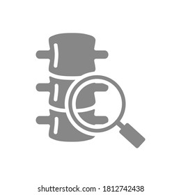 Spine with magnifying glass grey icon. Vertebrae research symbol