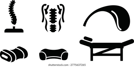 Spine massage table and therapy tools silhouette vector set icons isolated on white background for chiropractic wellness collection