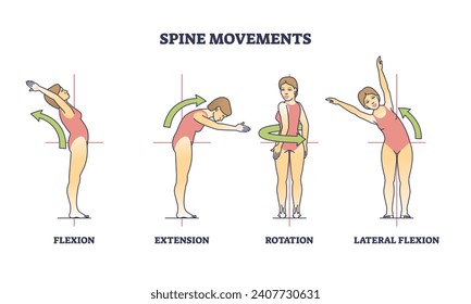 Los movimientos de columna con flexión, extensión y rotación plantean un diagrama de esquema. Plan médico educativo etiquetado con flexión posterior e ilustración vectorial de flexibilidad. Estirando partes de la espina dorsal lumbar.