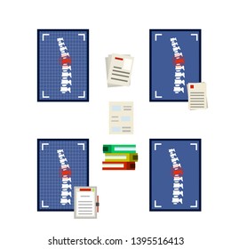 Spine on x-ray image. The bones of the back. Set of Medical document. A red dot of pain. Spinal column injury. Poor posture. Health care. White vertebra. Cartoon flat illustration