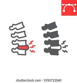 Spine pain line and glyph icon, backache and backpain, herniated disc vector icon, vector graphics, editable stroke outline sign, eps 10