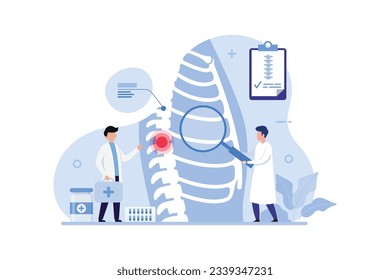 Spine pain, problems and disorders manual therapy illustration concept. Tiny doctor characters examining human pain