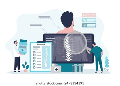 Spine pain research. Orthopedists examining x-rays of spine. Doctors looking for effective treatment for different degrees of scoliosis. Specialists investigate causes of spinal problems. Orthopedics.