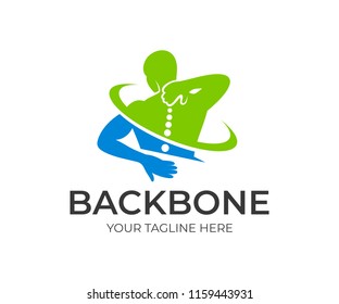 Spine pain in sacral and cervical region, human holding his back in area pain, logo design. Spine medicine and backbone health, vector design and illustration