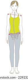 Spine and pelvis distortion, illustration of a woman standing upright