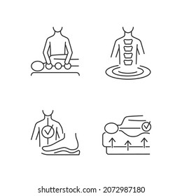 Spine Problems Prevention Linear Icons Set. Manual Therapy And Exercises. Orthotics. Spine Mattress. Customizable Thin Line Contour Symbols. Isolated Vector Outline Illustrations. Editable Stroke