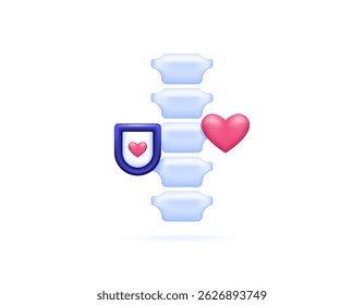 conceito de proteção da coluna. proteção do osso contra lesões e danos. manter a saúde e a cura do osso. ilustração do símbolo da coluna com coração e escudo. design de estilo 3d minimalista. elemento