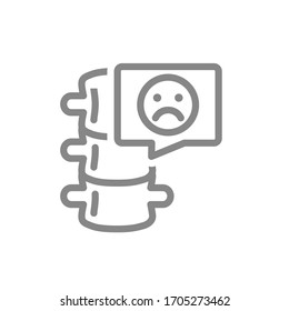 Spine with sad face in speech bubble line icon. Disease backbone symbol
