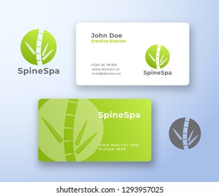 Spine Spa Abstract Vector Logo and Business Card Template. Bamboo Stem as a Spine with Leaves. Modern Typography. Premium Stationary Realistic Mock Up. Isolated.