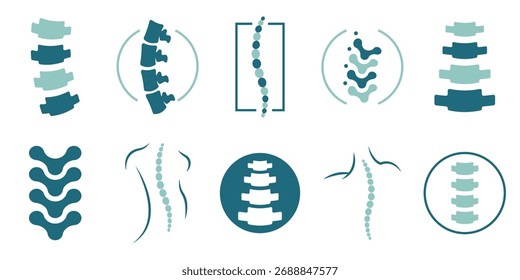 Ícones vetoriais da terapia da coluna vertebral ou elementos de logotipo isolados em branco.