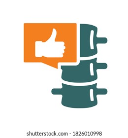 Spine with thumb up in chat bubble colored icon. Healthy vertebral column symbol