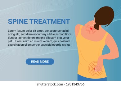 Spine treatment banner with Young woman holding hands on neck in back pain.Pain in Necklifts.  Neck injury.Vector illustration 