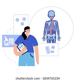 Spine xray anatomy in boy body. Spinal pain in backbone, rehabilitation center. Scoliosis, osteoporosis, vertebral problem. Chiropractic, massage, vertebology concept. Lumbar flat vector illustration