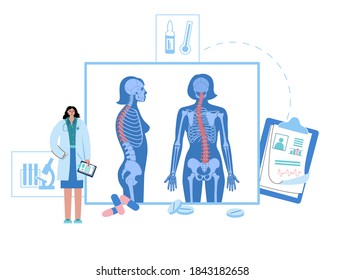 Spine xray anatomy in female body. Spinal pain in backbone, rehabilitation center. Scoliosis, osteoporosis, vertebral problem. Doctor chiropractic, vertebology concept. Lumbar flat vector illustration