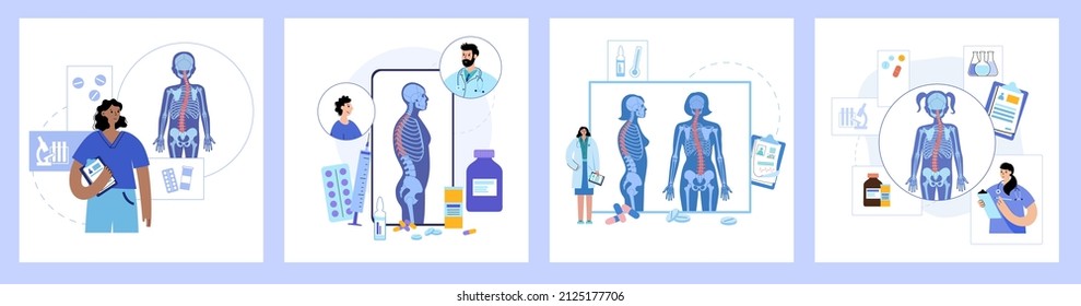 Spine Xray Anatomy In Female Body. Spinal Pain In Backbone, Rehabilitation Center. Scoliosis, Osteoporosis, Vertebral Problem. Chiropractic, Massage, Vertebology Concept. Lumbar Vector Illustration.