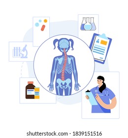 Spine Xray Anatomy In Girl Body. Spinal Pain In Backbone, Rehabilitation Center. Scoliosis, Osteoporosis, Vertebral Problem. Chiropractic, Massage, Vertebology Concept. Lumbar Flat Vector Illustration