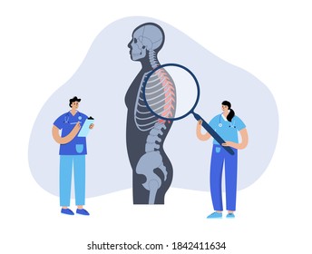 Spine Xray Anatomy In Male Body. Spinal Pain In Backbone, Rehabilitation Center. Scoliosis, Osteoporosis, Vertebral Problem. Doctor Chiropractic, Vertebology Concept. Lumbar Flat Vector Illustration