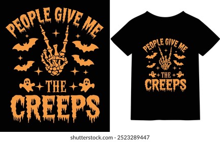 Um design de t-shirt arrefecedor da coluna perfeito para o Halloween ou qualquer dia que você quer enviar calafrios para baixo espinhos das pessoas. A frase "People Give Me the Creeps" é ousadamente exibida em uma fonte assombrosa, tornando-se