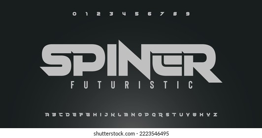 SPINER Modern abstract digital sport font. Logo creative font, type, technology, movie, digital, music, movie. Font and illustration in vector format.