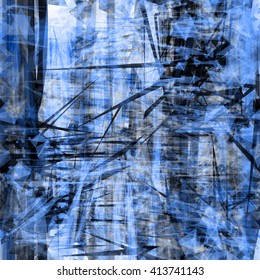 Spines, strips, scratches, spots, triangular elements, crystals, mixed randomly. Blue abstract seamless texture. Grunge background