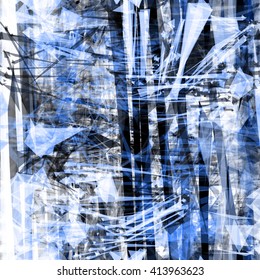 Spines, strips, scratches, spots, triangular elements, mixed randomly. Blue abstract seamless texture. Grunge background