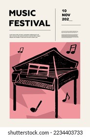 Spinet. Music festival poster. Keyboard musical instruments. Competition.  A set of vector illustrations. Minimalistic design. Banner, flyer, cover, print.