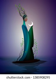  sping fairy, spring fantasy icon fantastic spring, silhouette of woman with tree branches on the head and holding the moon, vector