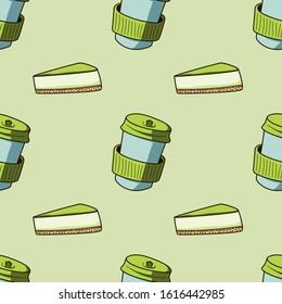 Sping Seamless vector print with natural matcha tea in paper cut to go with cheesecake. Yummy dessert pattern with pie and herbal macha. Flat illustration in hand drawn style. Packaging for food cafe