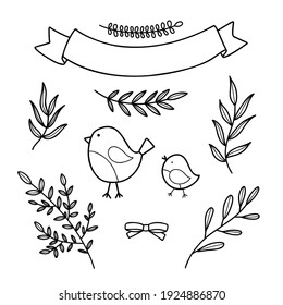 Sping set with birds, branches, twigs with leaves, ribbon. Hand drawn line vector illustration.