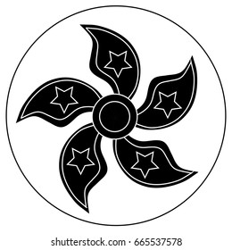 Spinner with five blades in the form of petals. Icon a simple style. Vector image on a round background. Element of design, interface