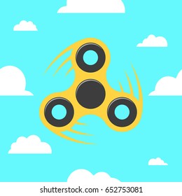 Spinner in a flat style. The yellow spinner turns against the blue sky. Flat, white clouds. A modern antistress toy for recreation. Play with your fingers. Vector illustration