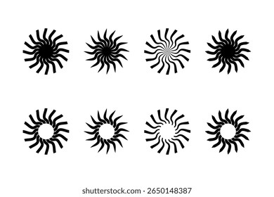 Spinner groovy sun symbols. Round swirl icons. Fan, propeller, cooler or pinwheel toy signs. Vortex, vertigo, dizzy or tornado pictograms isolated on white background. Vector graphic illustration.