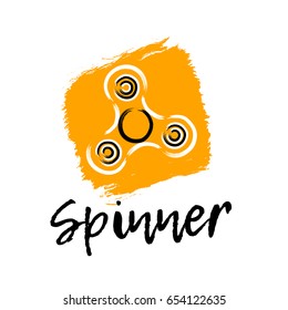 Spinner hand drawn lettering label. Modern brush calligraphy logo, emblems and icons, cards for spinner. Vector orange element for design. Fidget toy