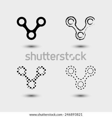 Spinner Icon Style Set – 2×2 Grid of Solid, Sketch, Dotted, and Dashed Circular Designs. A 2×2 grid of stylized spinner icons, each rendered in a distinct graphic style. The top left features a solid black outline with three circular ends and a central hub. The top right shows a hand-drawn sketch version with uneven lines and shading. The bottom left presents a dotted outline, while the bottom right displays a dashed version with longer segments. Each icon includes a subtle shadow for depth against a light gray background. This versatile and minimalist vector set is ideal for use in visual communication, branding, iconography, and UI design. Suitable for both commercial and editorial use across print and digital platforms.
