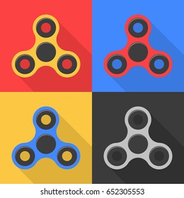 Spinner. A modern anti-stress toy in a flat style. A toy for hands and fingers. A set of spinners on colorful backgrounds. A flat shadow. Bearing system. Vector illustration