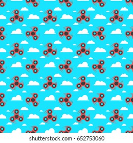 Spinner. A pattern of red spinners in a flat style. Spinners are spinning against the sky. lat, white clouds. A modern antistress toy for recreation. Play with your fingers. Vector illustration