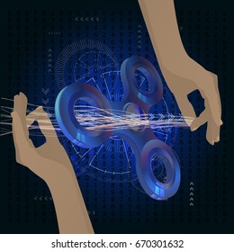 Spinner purple. Hands twist. volume. With highlights on a dark background. Illustration for your design.