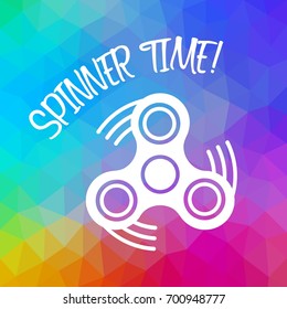 Spinner Time with finger spinner silhouette over triangular background. Color flow effect