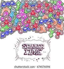 Spinner toy for relaxation. Different spinners made of plastic for a hobby. Graffiti is the time of the spinner. Vector illustration