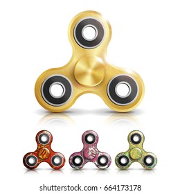 Spinner Toy Set Vector. Bright Plastic Fidgeting Hand Spinner Toy. Spinning Machine. Rotation. Fidget Finger Spinner Stress, Anxiety Relief Toy. Realistic 3D Vector Illustration