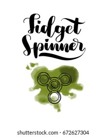 Spinner watercolor sketch. Illustration isolated on blue background. Banner. Lettering hand spinner 
