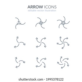 spinning arrow icon set: swirl, converge, shrink, spread, fan rotate line arrows. editable stroke vector illustration