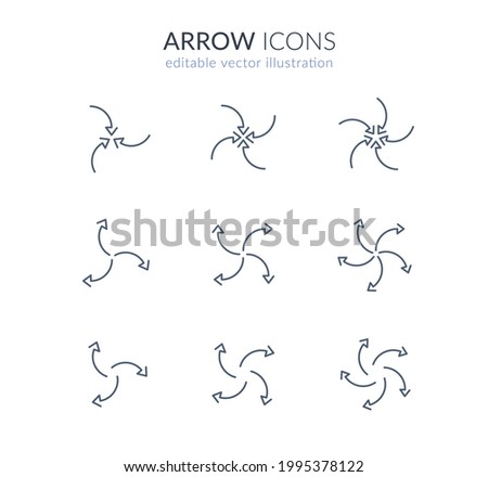 spinning arrow icon set: swirl, converge, shrink, spread, fan rotate line arrows. editable stroke vector illustration