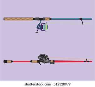 Spinning and baitcasting rods with reels handles vector illustration